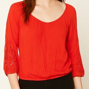 Happiness in the Present Blouse Women XS Red Crochet Lace Sleeve Elastic‎ Hem